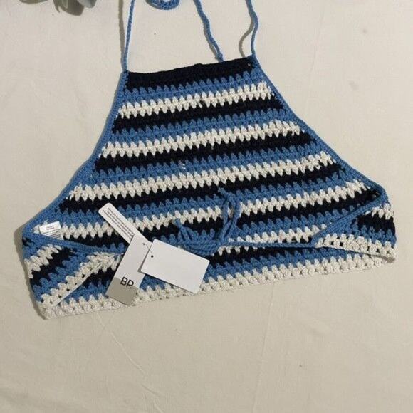 BP.  Junior Crochet Halter Top Size XL Blue Black Ziggy Stripe Boho - Picture 4 of 10